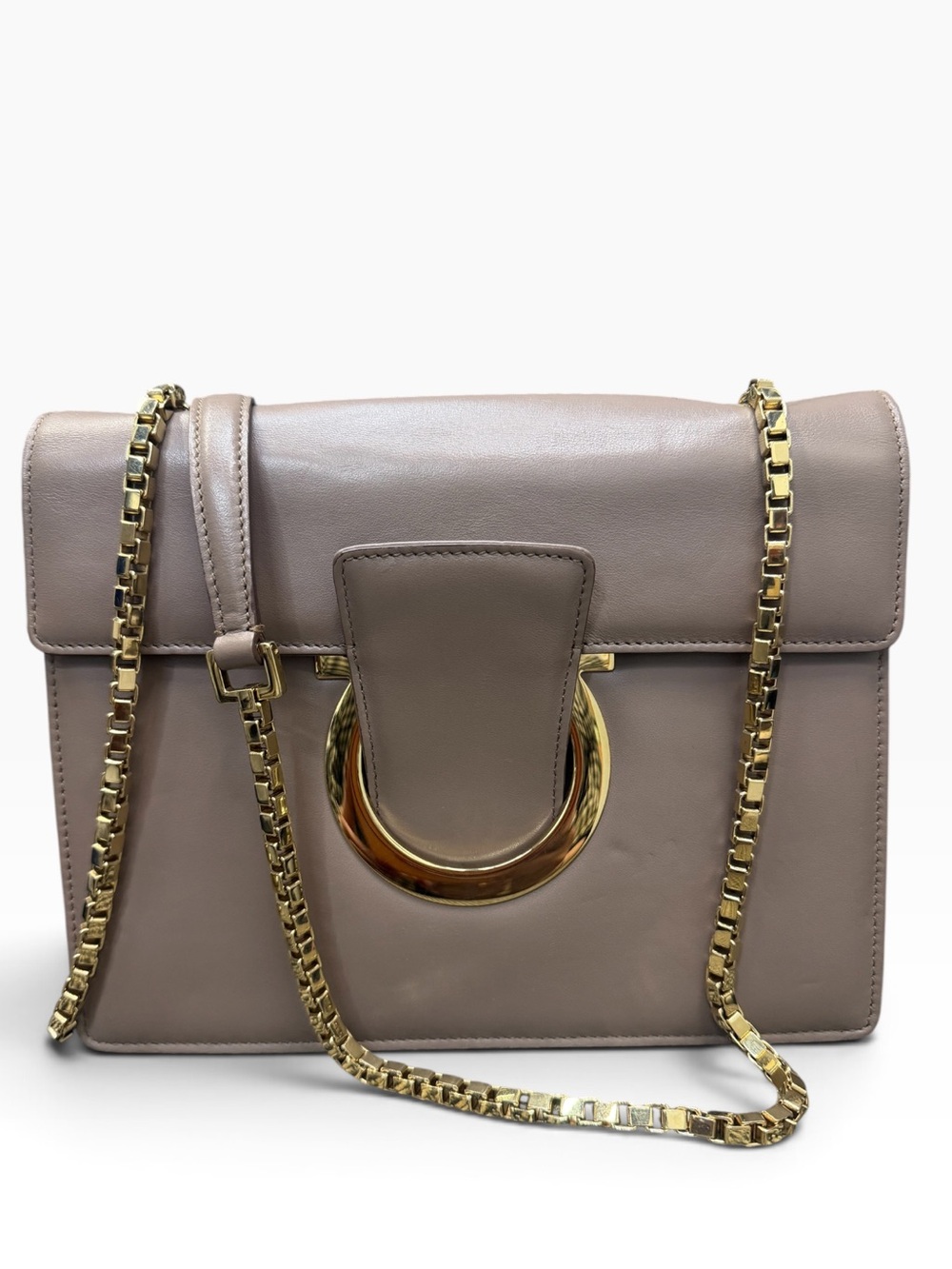Salvatore Ferragamo Vintaged Gancini Crossbody Shoulder Bag Taupe Leather